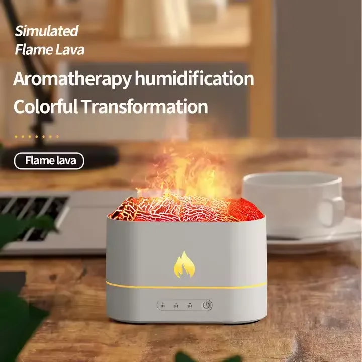 Masaüstü Renkli Led Işık Ultrasonik Simülasyon Yangın Etkisi Lava Volkan Hava Nemlendirici Uçucu Yağ Mini Alev Aroma Difuser